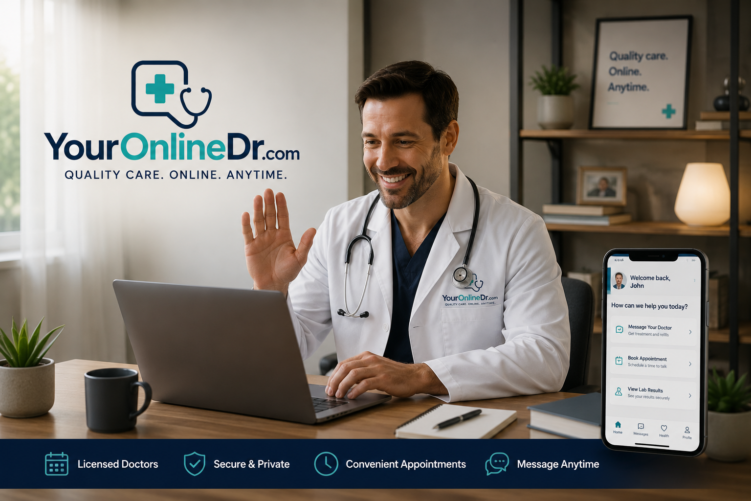 A friendly online doctor waving during a video visit, with the YourOnlineDr.com app on a phone