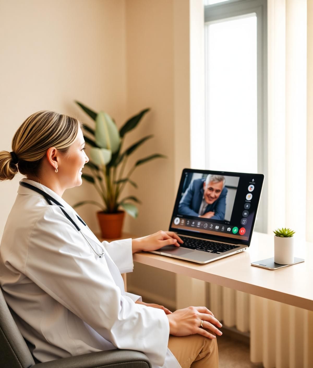 A clinician in a white coat reviewing a patient's chart during an online visit