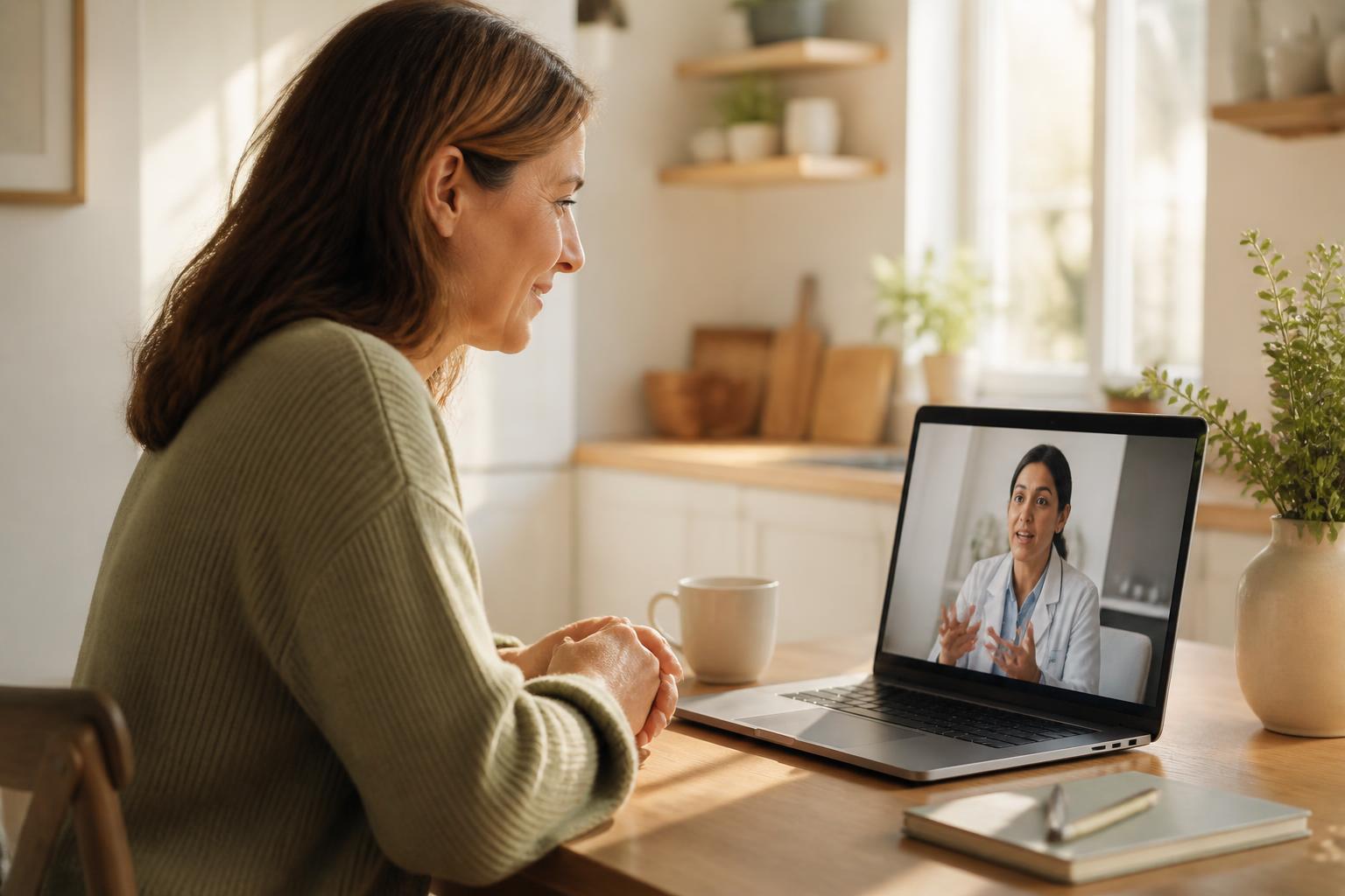 A woman at home having a friendly video visit with her clinician on a laptop