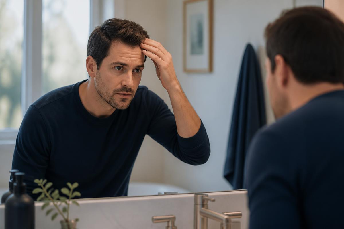 Man examining his hairline in a mirror