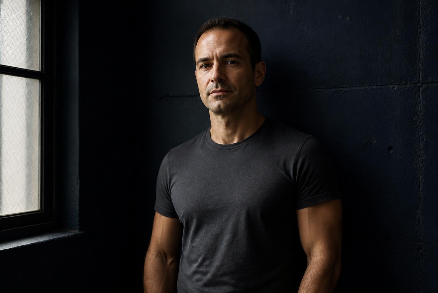 Man in his forties standing in low window light against a dark wall