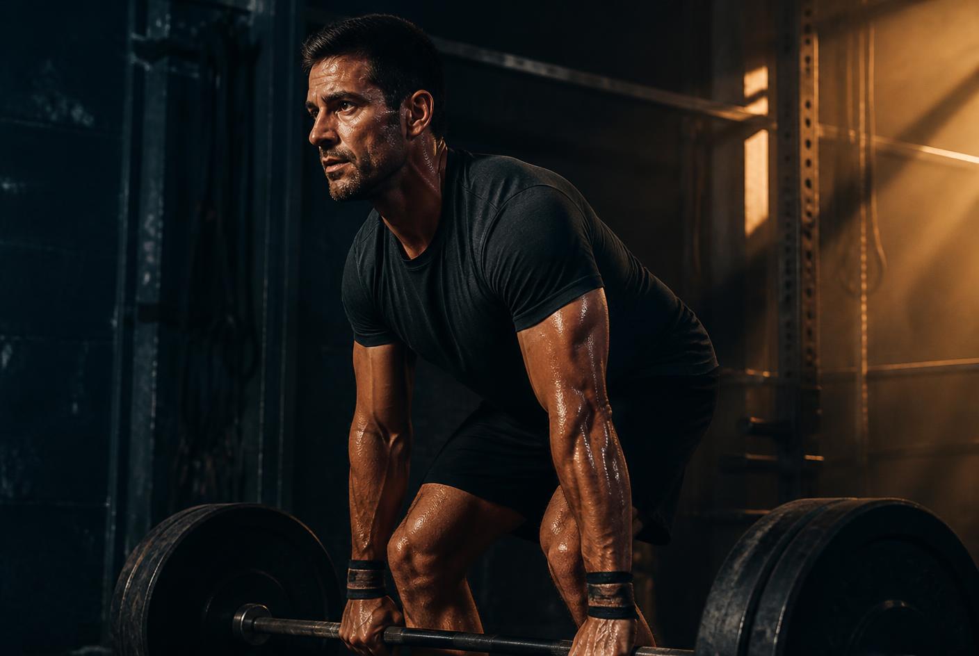 Man training with a barbell in a dimly lit gym