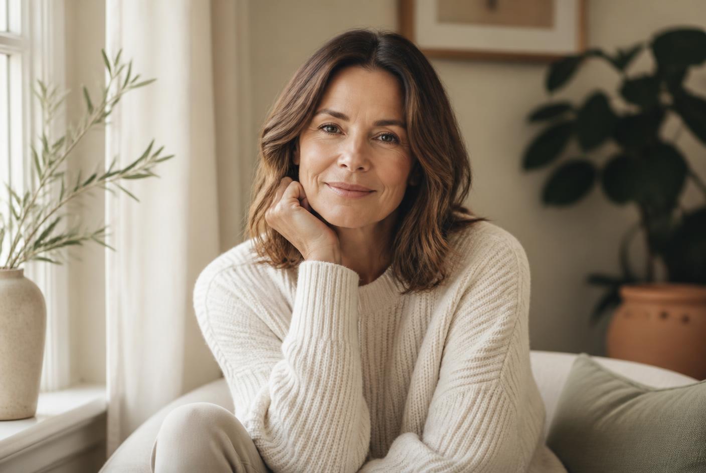 Woman in her forties sitting by a bright window in warm morning light