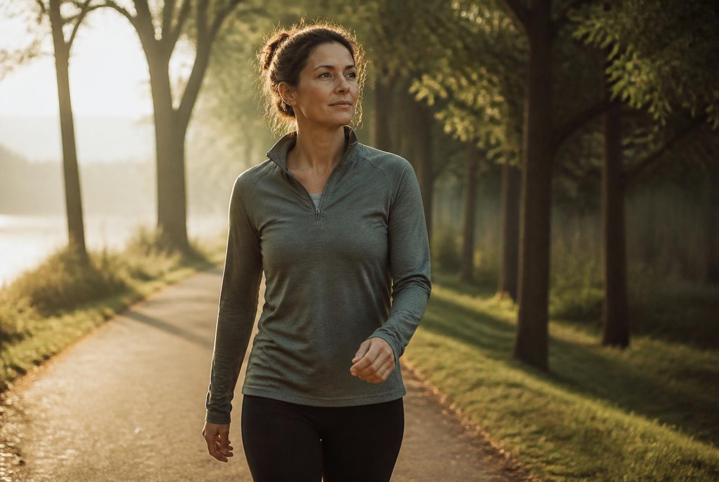 Woman walking briskly on a tree-lined path in early morning light